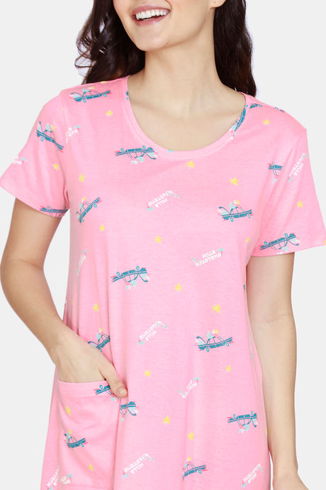 Zivame Autumn Leaves Knit Cotton Mid Calf Length Nightdress -Pink Ice — image 5